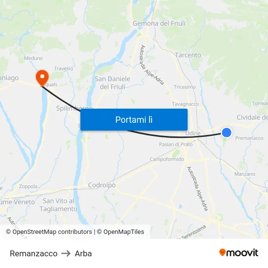 Remanzacco to Arba map