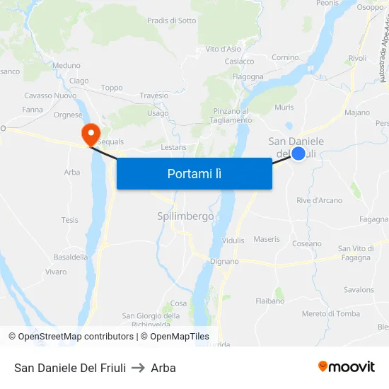 San Daniele Del Friuli to Arba map