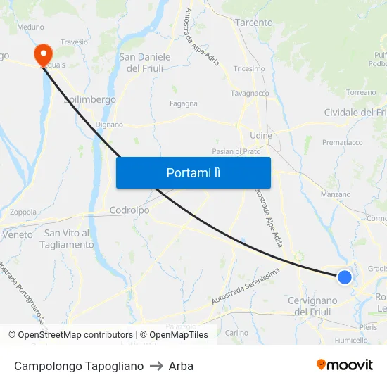 Campolongo Tapogliano to Arba map