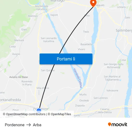 Pordenone to Arba map
