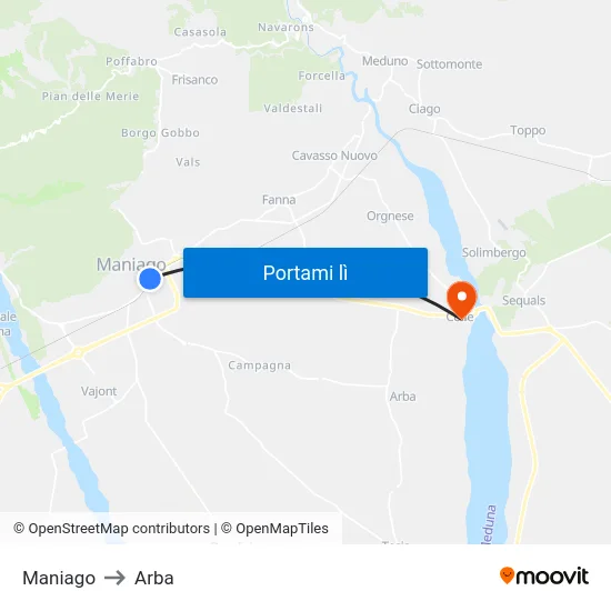 Maniago to Arba map