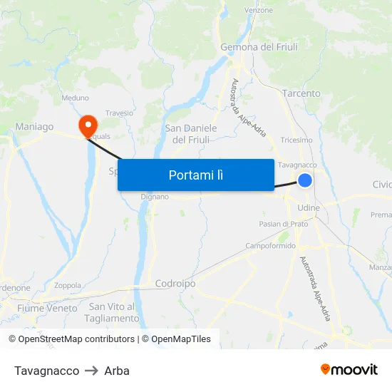 Tavagnacco to Arba map