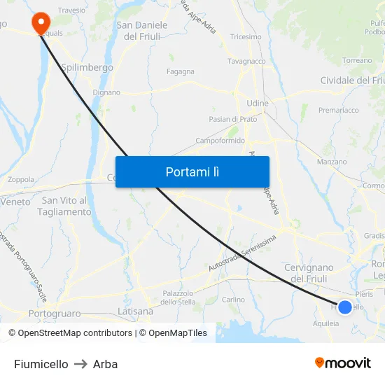 Fiumicello to Arba map