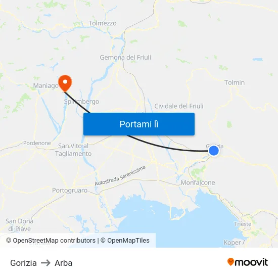 Gorizia to Arba map