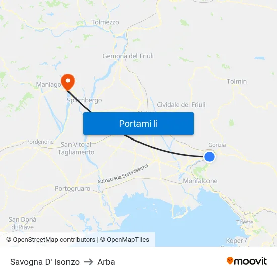 Savogna D' Isonzo to Arba map