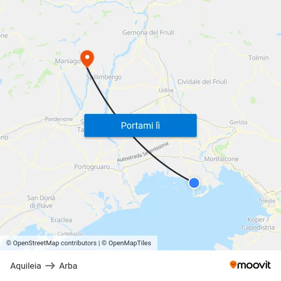 Aquileia to Arba map