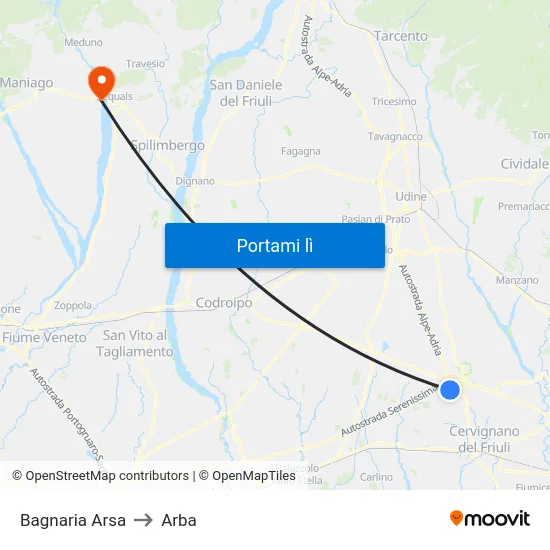 Bagnaria Arsa to Arba map