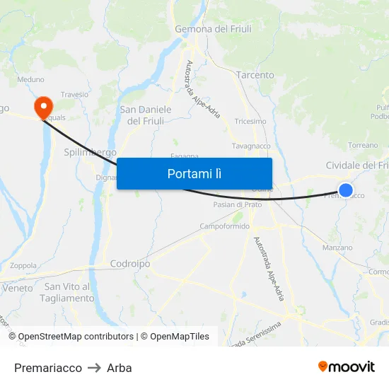 Premariacco to Arba map