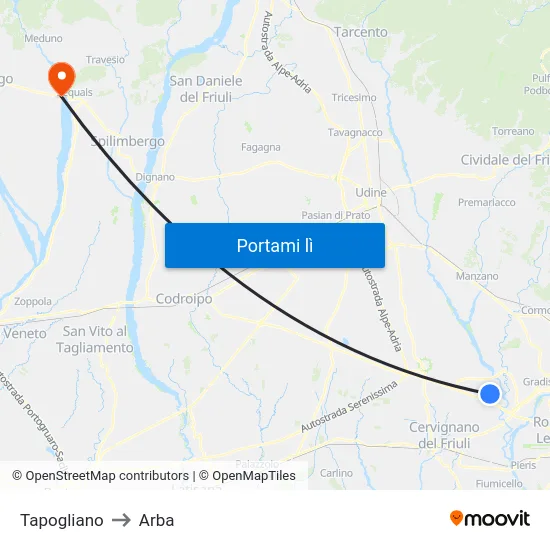 Tapogliano to Arba map