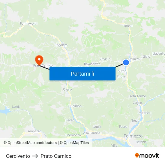 Cercivento to Prato Carnico map