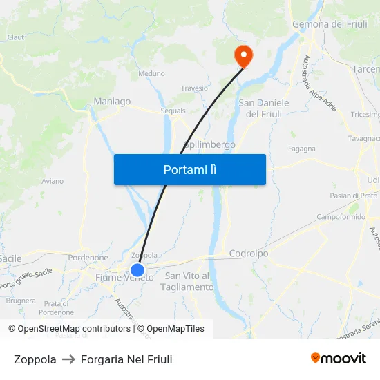 Zoppola to Forgaria Nel Friuli map