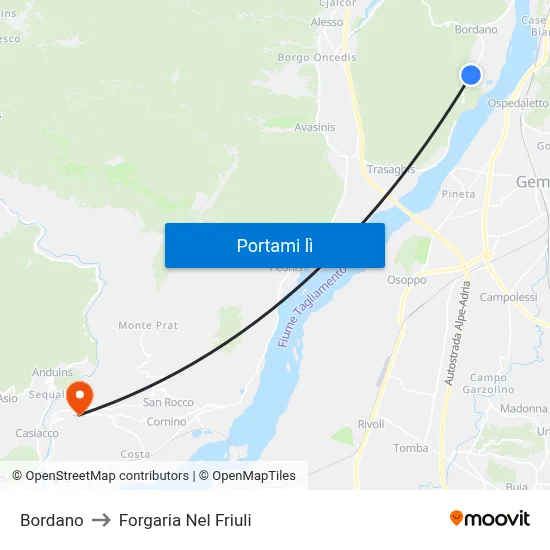 Bordano to Forgaria Nel Friuli map
