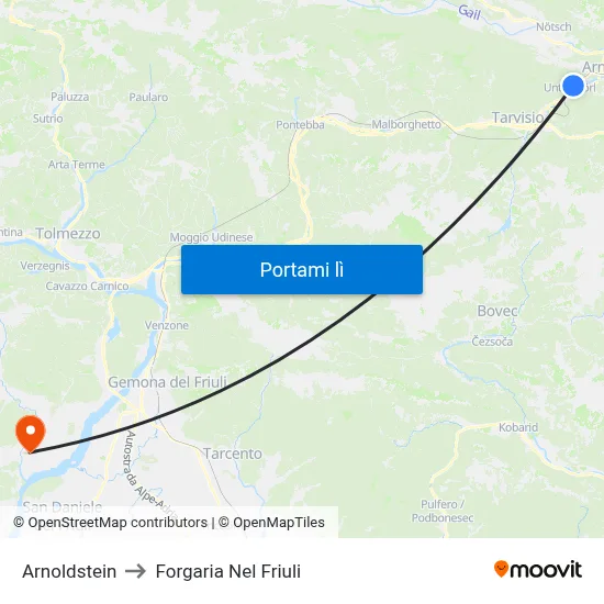 Arnoldstein to Forgaria Nel Friuli map