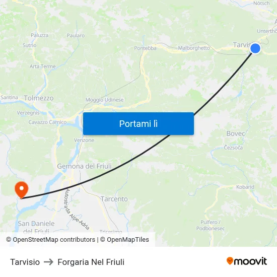 Tarvisio to Forgaria Nel Friuli map