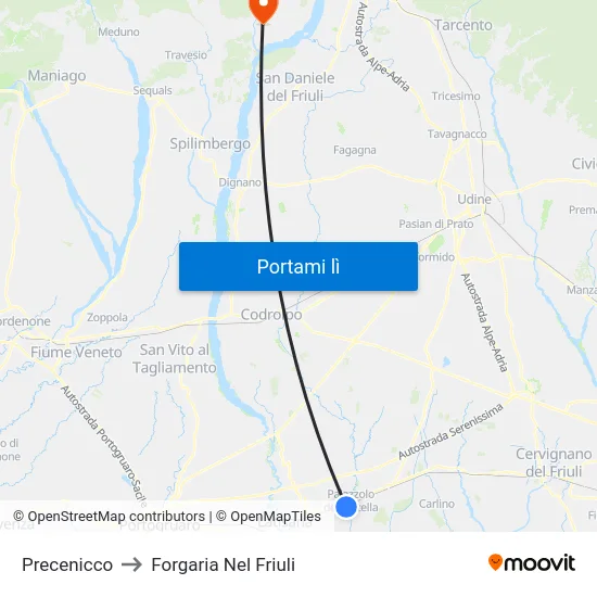 Precenicco to Forgaria Nel Friuli map