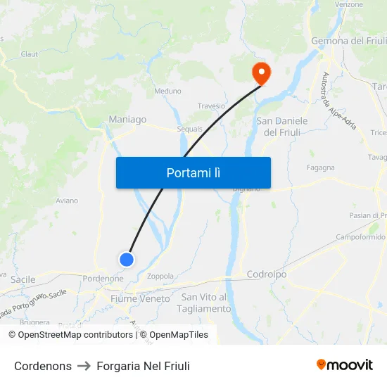 Cordenons to Forgaria Nel Friuli map