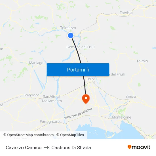 Cavazzo Carnico to Castions Di Strada map