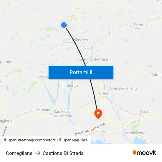 Comeglians to Castions Di Strada map