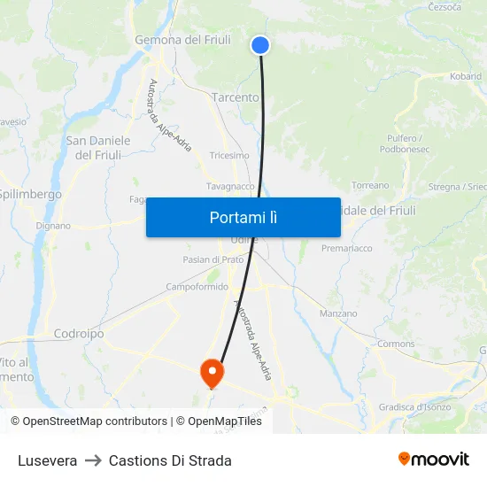 Lusevera to Castions Di Strada map