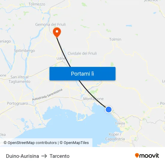 Duino-Aurisina to Tarcento map