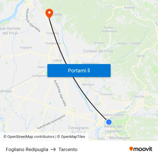 Fogliano Redipuglia to Tarcento map
