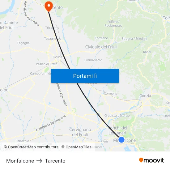 Monfalcone to Tarcento map