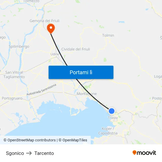 Sgonico to Tarcento map