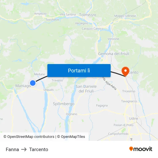 Fanna to Tarcento map
