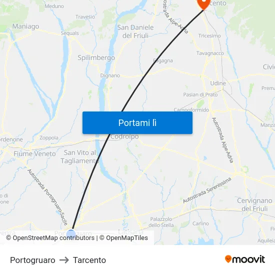 Portogruaro to Tarcento map