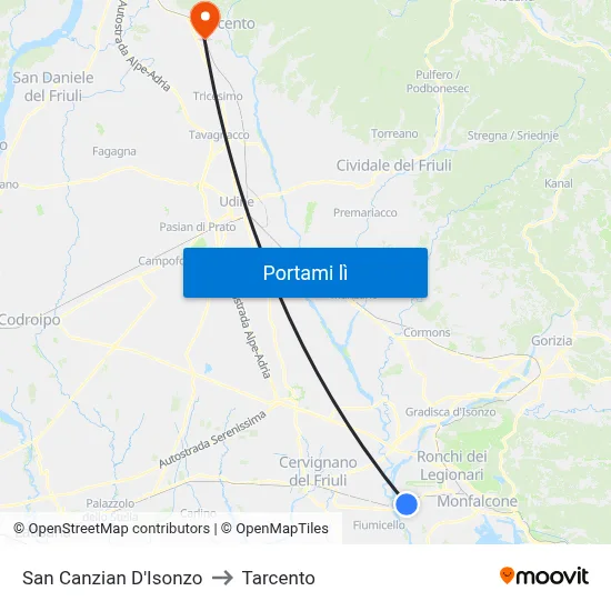 San Canzian D'Isonzo to Tarcento map