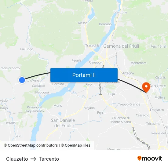 Clauzetto to Tarcento map