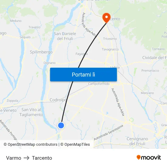 Varmo to Tarcento map