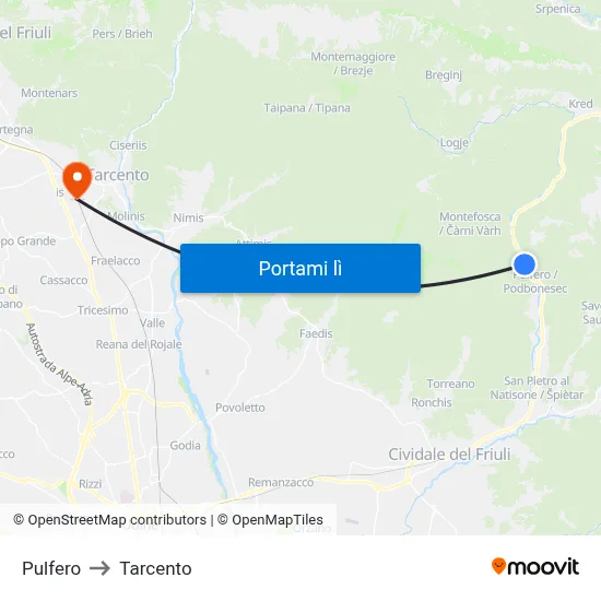 Pulfero to Tarcento map