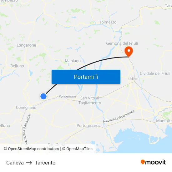 Caneva to Tarcento map