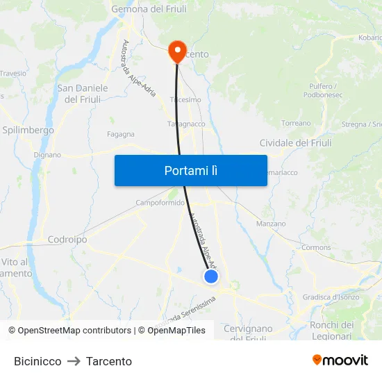 Bicinicco to Tarcento map