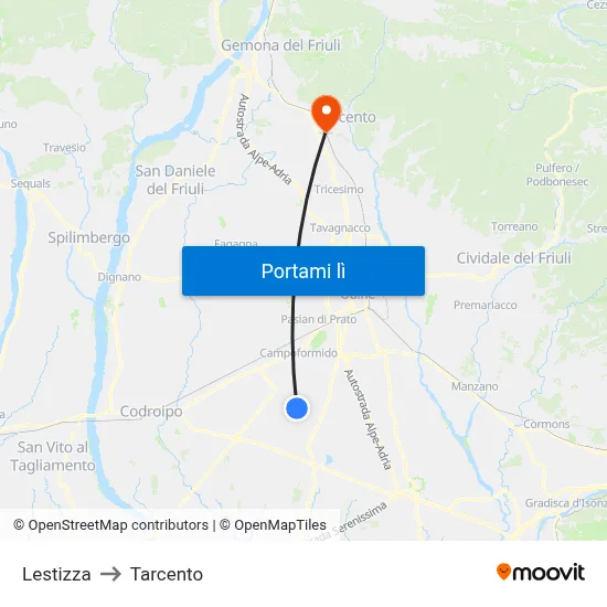 Lestizza to Tarcento map