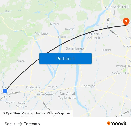 Sacile to Tarcento map