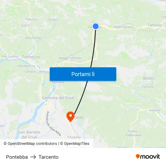 Pontebba to Tarcento map
