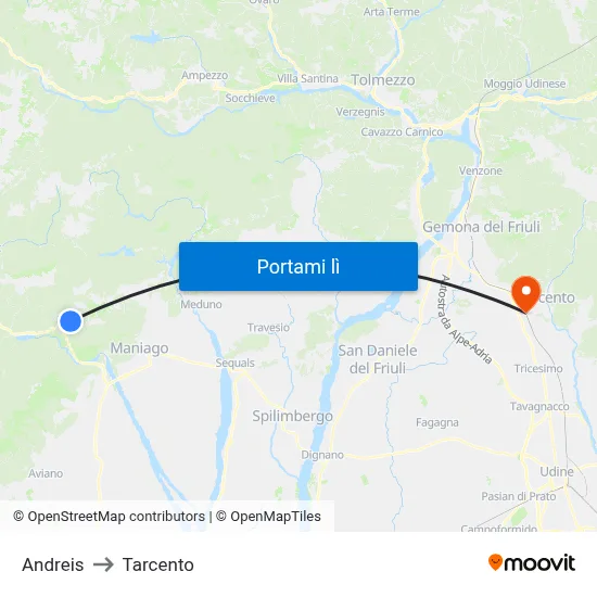 Andreis to Tarcento map