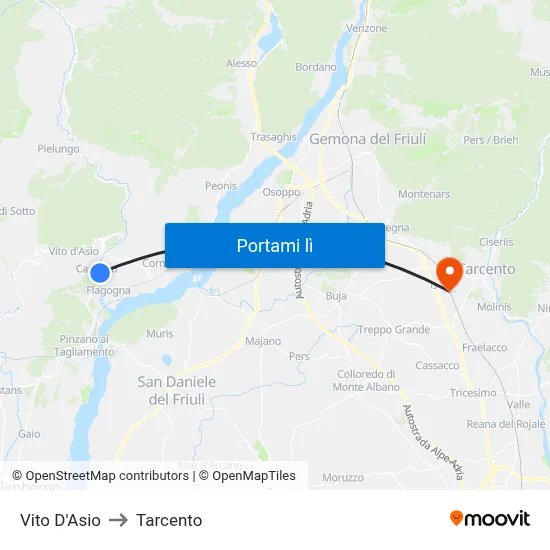 Vito D'Asio to Tarcento map