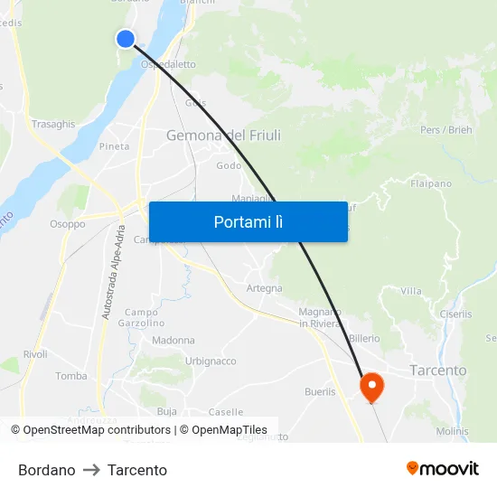 Bordano to Tarcento map
