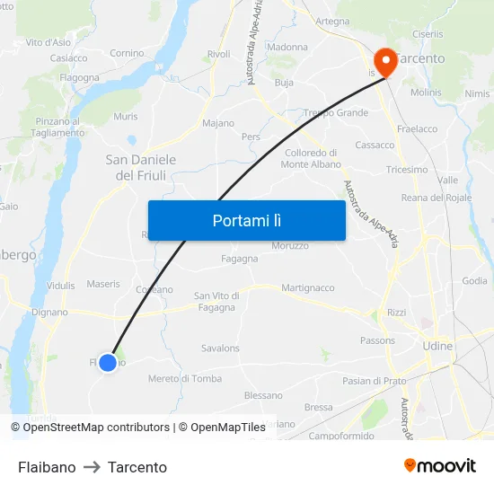 Flaibano to Tarcento map
