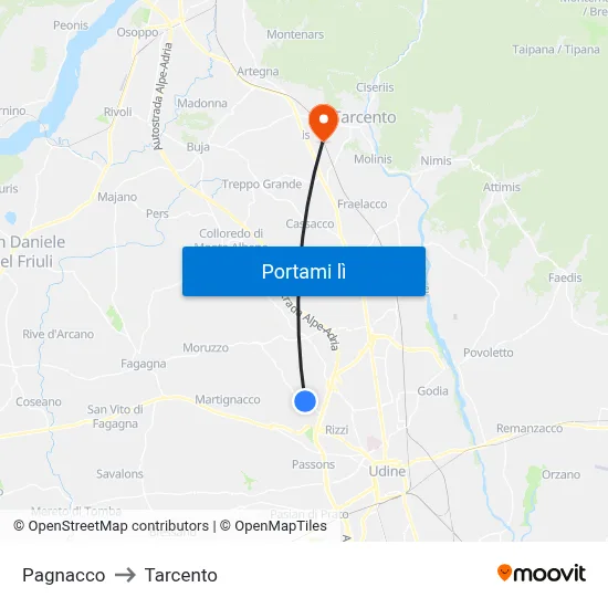 Pagnacco to Tarcento map