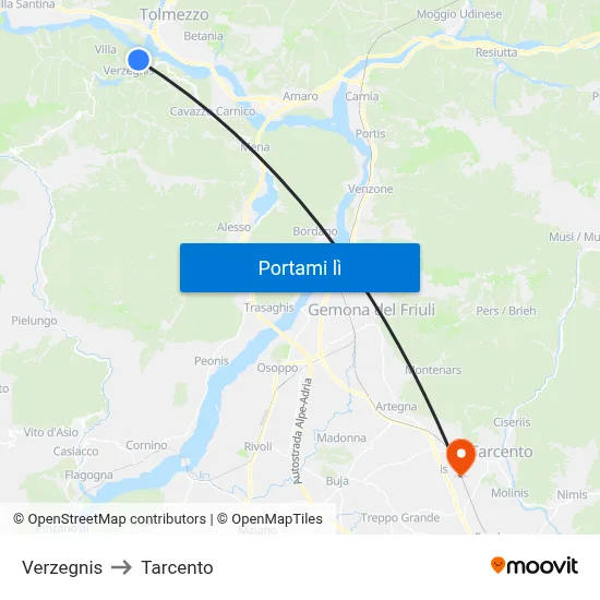 Verzegnis to Tarcento map