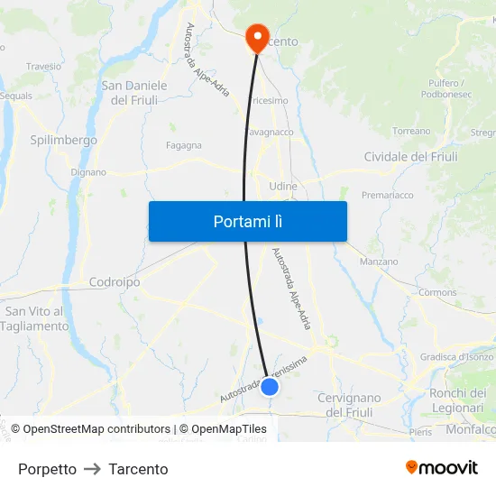 Porpetto to Tarcento map