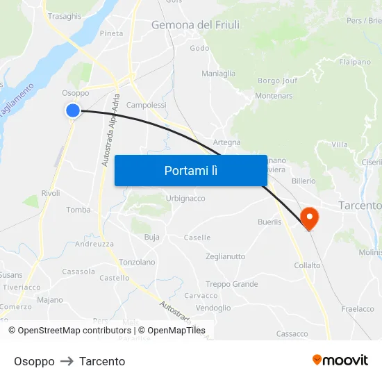 Osoppo to Tarcento map