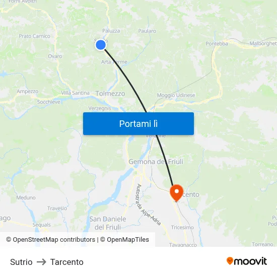 Sutrio to Tarcento map