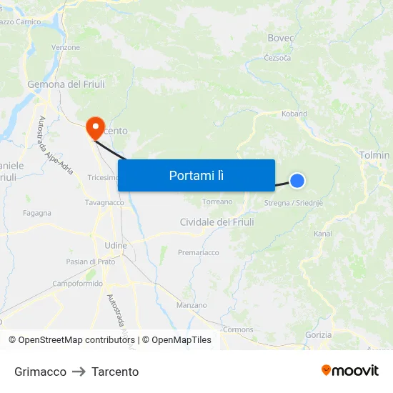 Grimacco to Tarcento map