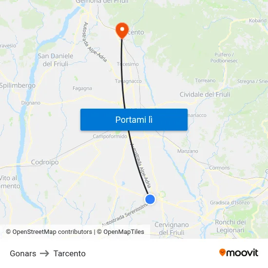 Gonars to Tarcento map