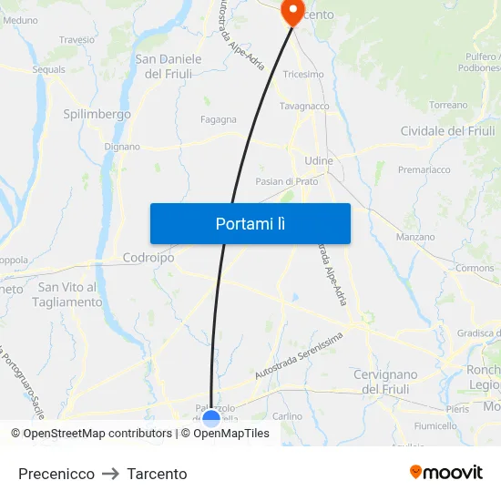 Precenicco to Tarcento map